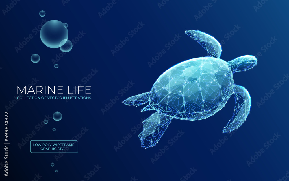 Aufkleber abstract swimming sea turtle in polygons on technology blue background. low poly wire frame marine l
