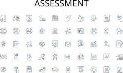Assessment line icons collection. Leadership, Communication, Delegation, Motivation, Teamwork, Goal-setting, Time-management vector and linear illustration. Decision-making,Conflict-resolution