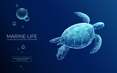 Abstract swimming sea turtle in polygons on technology blue background. Low poly wire frame marine life concept. Polygonal 3D vector illustration. - obrazy, fototapety, plakaty