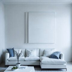 Photo of a modern living room with a minimalist white couch and a matching coffee table