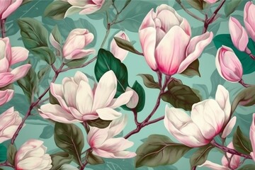 Obraz na płótnie Canvas seamless watercolor flower pattern wallpaper template leaf floral decoration magnolia background. Generative AI.