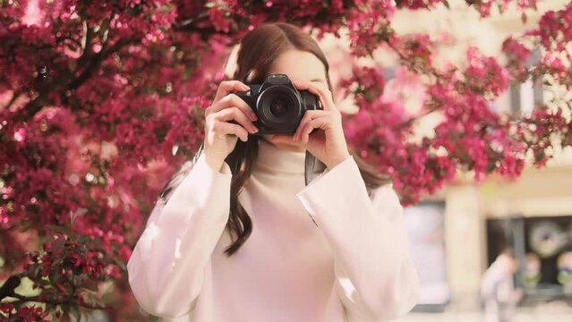 Portrait of pretty dark haired woman photographer looking at camera hold digital camera and take photo with beautiful pink blossom trees at park Charming young tourist female taking pictures outdoors