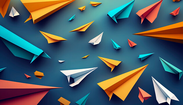 Wallpaper of colorful paper planes over blue background. Cute illustration design of paper planes in vibrant colors. Generative AI.