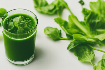 A glass of fresh spinach juice and fresh spinach leaves on a white background