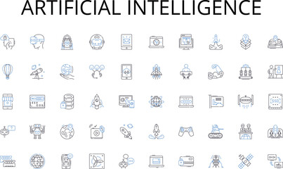 Artificial intelligence line icons collection. Stress, Isolation, Monotony, Cubicle, Boredom, Fluorescent, Office vector and linear illustration. Desk,Keyboard,Mouse outline signs set