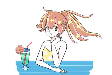 美味しそうにジュースを飲む女の子　イラスト　夏休み　プール　海水浴　笑顔　水着　手描き　ヒマワリ