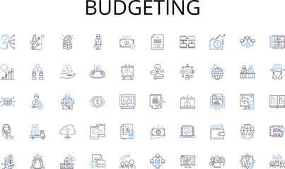 Budgeting line icons collection. Adventure, Exploration, Discovery, Odyssey, Journeys, Quest, Expedition vector and linear illustration. Safari,Sojourn,Roaming outline signs set