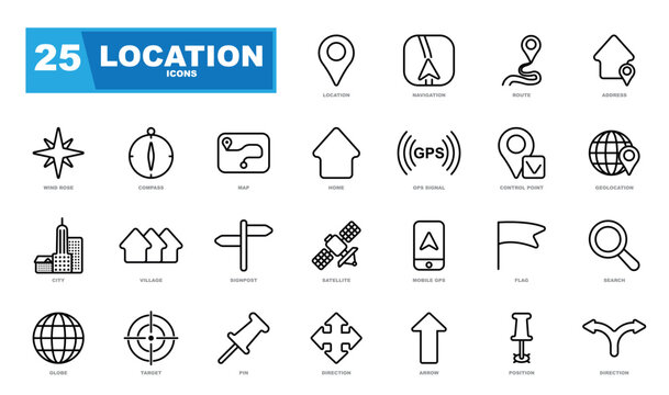 Location vector icon set. Perfect for websites. Included the icons as pin, nearby, direction, navigation, navigator, way, path and more.