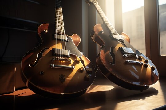 photo of guitars with a brown body with a gold trim