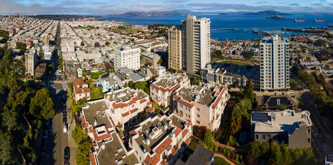 San Francisco city view from top during summer time at the area of the Russian Hill district