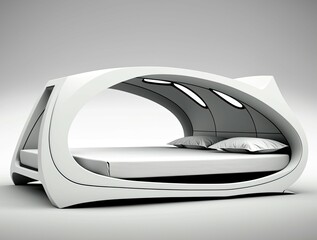 White futuristic double bed with pillows isolated on light background. Generative ai future bedroom design