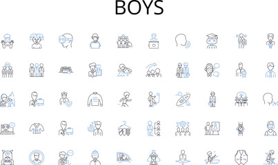 Boys line icons collection. Direction, Vision, Motivation, Guidance, Inspiration, Mentorship, Empowerment vector and linear illustration. Accountability,Influence,Strategy outline signs set