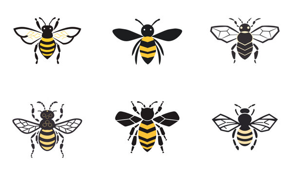 Set of bee icons. Vector illustration isolated on white background.