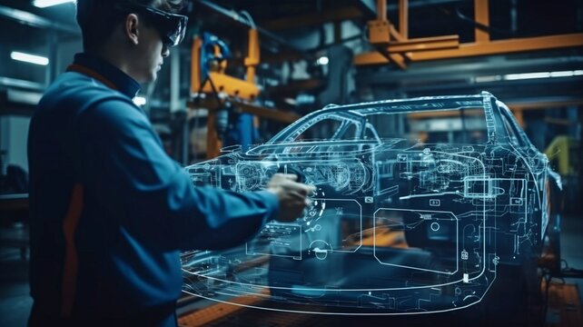Using Augmented Reality Headsets, 3D VFX Software for Development, and Generative AI, an automotive engineer is working on an electric car chassis platform.