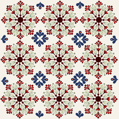 the folklore patterns is made in red and dark red, also the pattern is in green color and dark blue on a light milky background