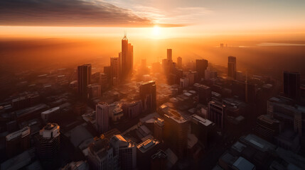 A stunning sunrise over the city, with a warm glow of sunlight shining on the tall buildings and the streets below. The perfect start to a new day in the city. Generative AI