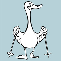 Funny duck with walking stick doing nordic walking, cartoon vector drawing