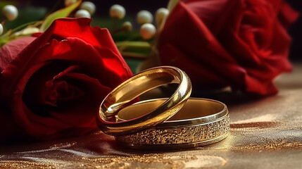 Close up wedding rings, shining and sparkling gold on luxury table with red roses and blur background, Concept for couple lovers marriage and engagement cerebration. Generative AI