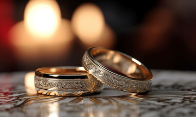Close up wedding rings, shining and sparkling gold diamond luxury table and blur bokeh light background, Concept for marriage and engagement cerebration. Generative AI