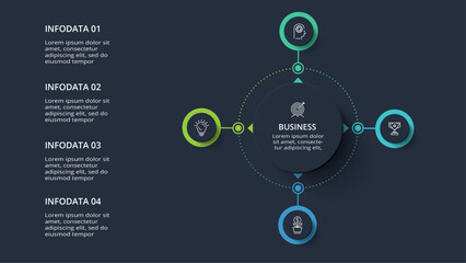 Diagram concept for infographic with 4 steps, options, parts or processes. Template for web on a black background.