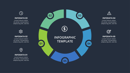 Diagram concept for infographic with 5 steps, options, parts or processes. Template for web on a black background.