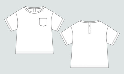Baby boys t shirt technical drawing fashion flat sketch vector illustration template front and back views. Apparel design mock up for kids isolated on grey background