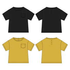Baby boys t shirt technical drawing fashion flat sketch vector illustration black and yellow color template front and back views. Apparel design mock up for kids isolated on  white background