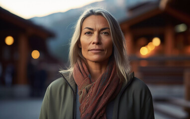 Lifestyle portrait of adventurous mature middle aged woman traveling, Generative AI