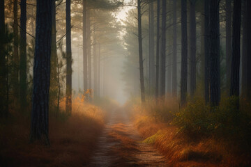 Obraz premium Footpath between thin tall pine trees with thick undergrowth. Generative AI