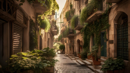 Fototapeta na wymiar The morning light gently illuminates the narrow streets of an old town with cobblestone roads, colorful buildings, and green plants hanging from balconies. Generative AI
