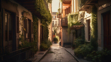 The morning light gently illuminates the narrow streets of an old town with cobblestone roads, colorful buildings, and green plants hanging from balconies. Generative AI