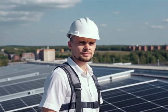 Solar worker standing in front of solar panels. Generative AI