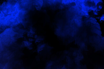 Colorful Blue smoke Isolated black background. Smoke steam moves on a black background. Fog texture.