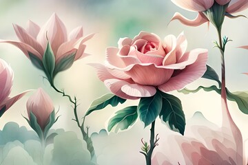 watercolor background with pink roses, Generated AI