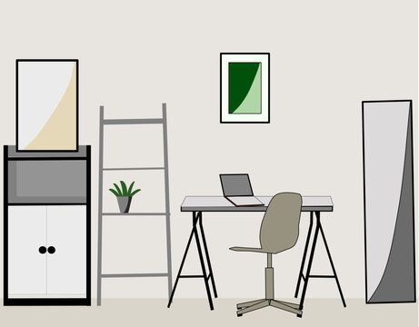 Desk, cabinet, shelf, minimalist atmosphere