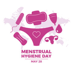 Menstrual Hygiene Day vector illustration. Women's menstrual products icon set vector. Menstrual sanitary pad, tampon, cup, panties purple icons vector. May 28 every year. Important day