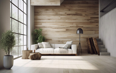 Fototapeta na wymiar Modern minimalist living room interior with floor to ceiling loft window and wood wall, Generative AI
