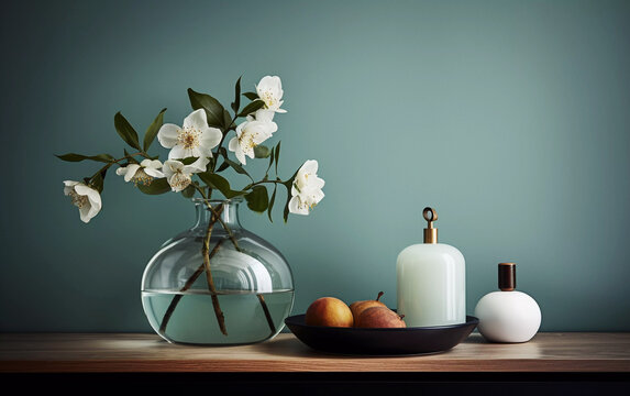 Interior decor detail still life with bouquet in glass vase, teal background, antique bottles, and stone fruit on wood surface, Generative AI