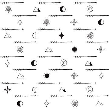 Aztec pattern Doodle arrows seamless pattern Spear, sun, moon, star, pyramid Decorative background Thin line Vector illustration Isolated