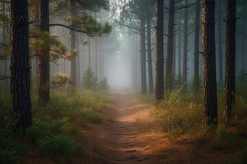 Path between tall trees and clearing in the forest with fog. Generative AI