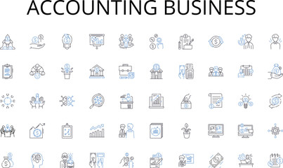 Accounting business line icons collection. Atoms, Elements, Molecules, Reactions, Bonding, Acids, Bases vector and linear illustration. Solutions,Equations,Stoichiometry outline signs set