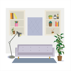Living room, modern, monochromatic, interior room design. Vector