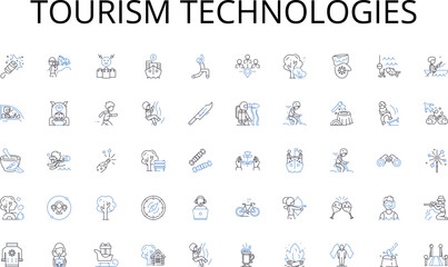 Tourism technologies line icons collection. Welcoming, Attractive, Informative, User-friendly, Responsive, Professional, Interactive vector and linear illustration. Inviting,Dynamic,Modern outline