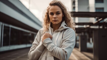 Fototapeta premium Athletic Woman in Neutral Sportswear Posing Against Urban Backdrop. Generative AI.