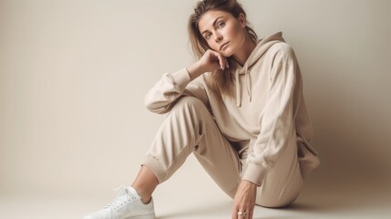 Casual Woman in Neutral Athleisure Posing Against Minimalist Backdrop. Generative AI.