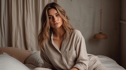 Obraz premium Casual Woman in Neutral Loungewear Posing Against Cozy Home Interior. Generative AI.