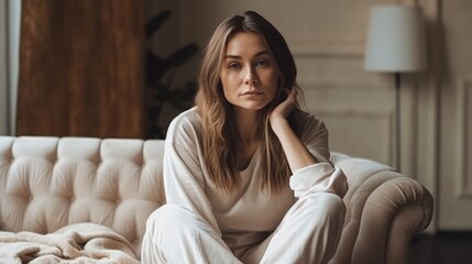 Obraz premium Casual Woman in Neutral Loungewear Posing Against Cozy Home Interior. Generative AI.