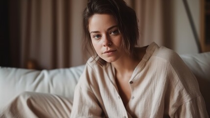 Casual Woman in Neutral Loungewear Posing Against Cozy Home Interior. Generative AI.