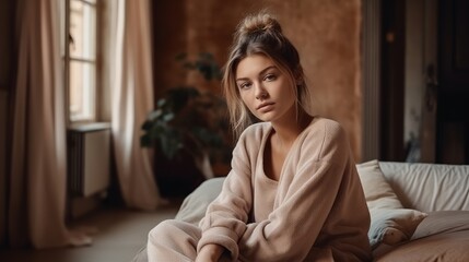 Obraz premium Casual Woman in Neutral Loungewear Posing Against Cozy Home Interior. Generative AI.