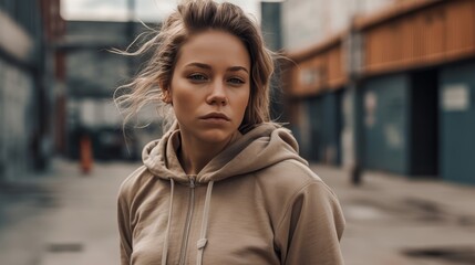Fototapeta premium Casual Woman in Neutral Streetwear Posing Against Urban Landscape. Generative AI.